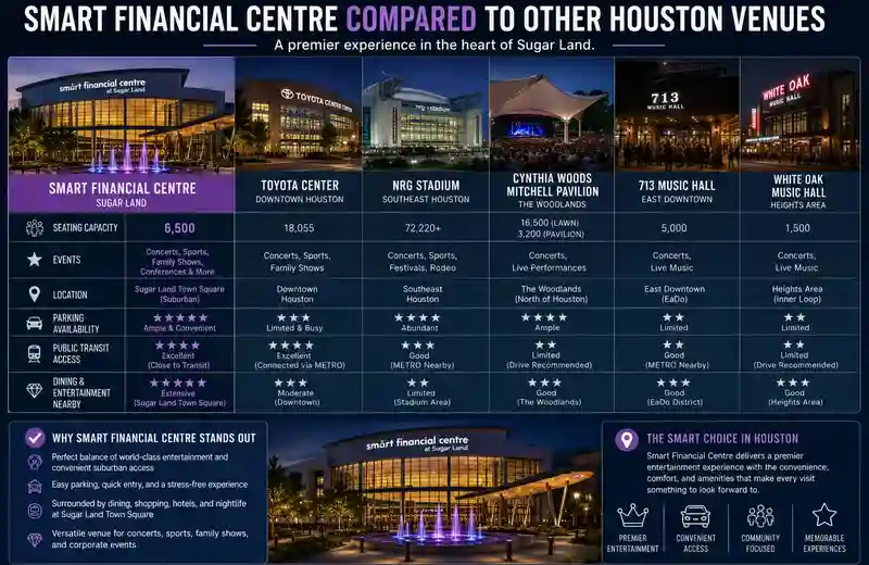 Comparison of Smart Financial Centre with major Houston entertainment venues including Toyota Center, NRG Stadium, Cynthia Woods Mitchell Pavilion, 713 Music Hall, and White Oak Music Hall showing venue exteriors, seating capacities, entertainment features, parking access, and nearby attractions across the Houston area.